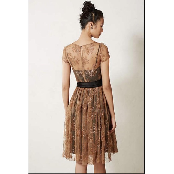Anthro Moulinette Soeurs Gold Lace Overlay Dress - Picture 2 of 8